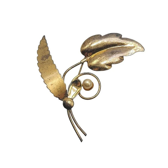 Sterling Silver Gold Vermeil Pearl Large Leaf Brooch Pin Gold Tone Vintage - Picture 1 of 5